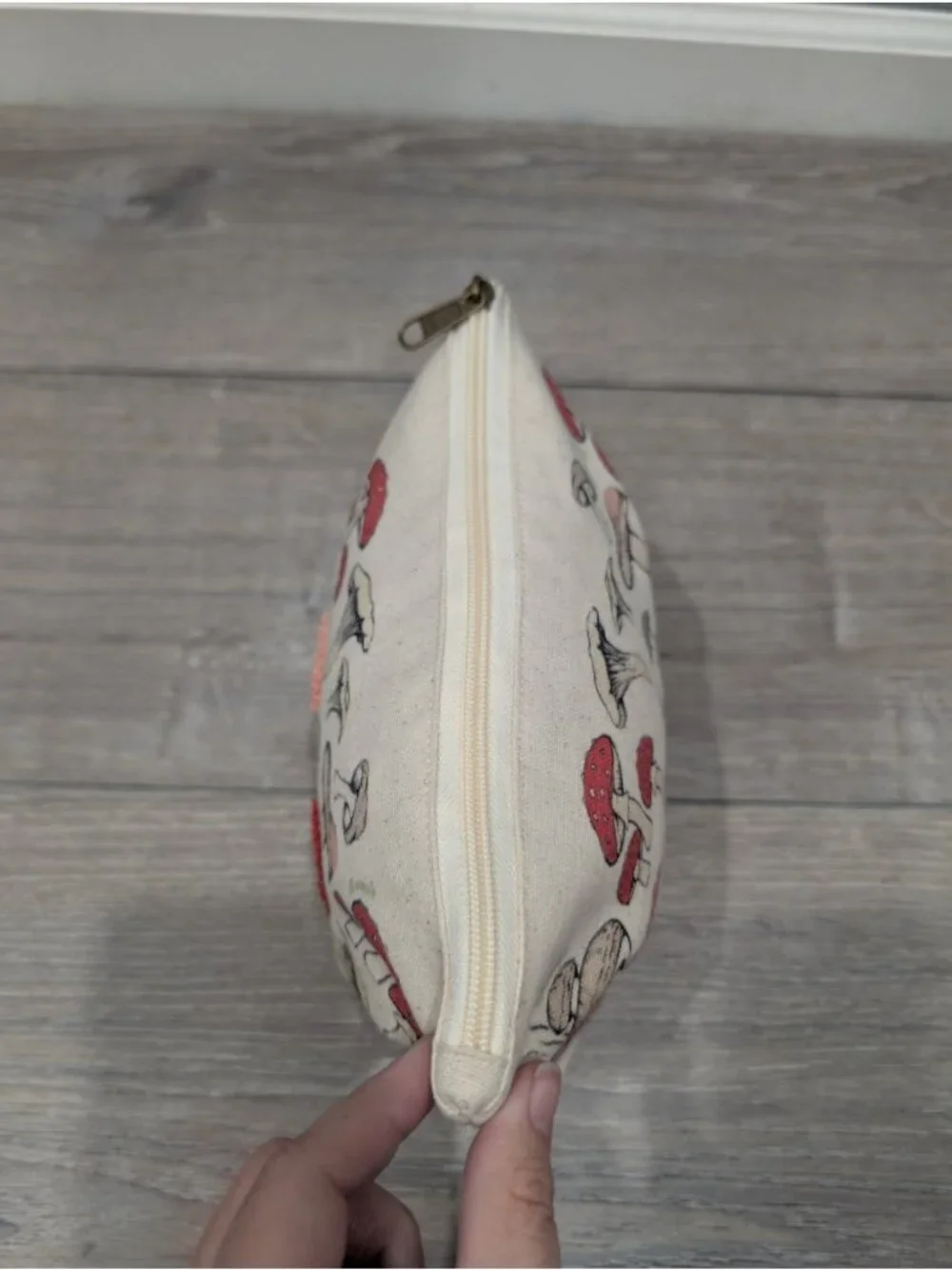 Canvas  Cosmetic Makeup Bag Vintage Botanical Mushroom Print Embroidered Detail